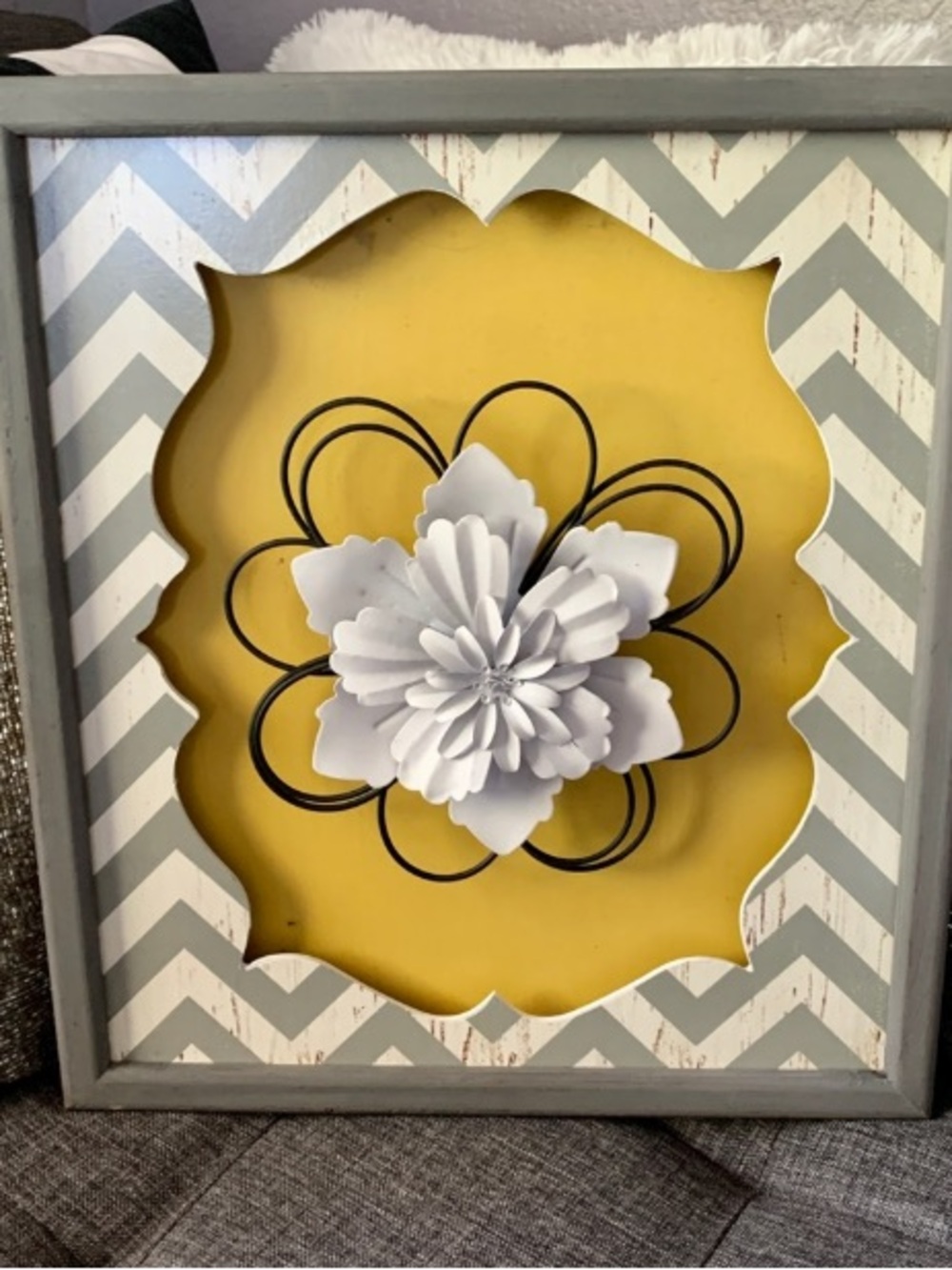 Gray Chevron Frame with Yellow Backdrop and White Metal Flower